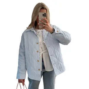 Women's Puffer Jacket Stripe Turn-Down Collar Buttons Quilted Coat Fall Winter Long Sleeve Padded Jacket Outerwear Cotton Womenswear Check Light