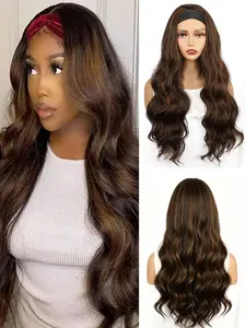 28 Inch Long Body Wavy Headband Wigs for Women, Mix Highlights, Loose Curly Wave, Synthetic Long Wigs for Daily Party