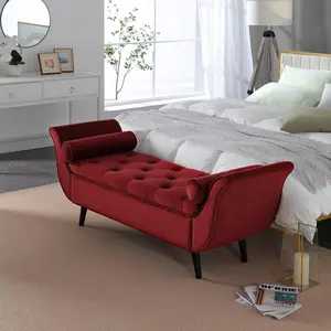 65" Large Velvet Storage Bench, King Size Deep Button Tufted Ottoman with Storage, Upholstered Shoe Bench with Solid Wood Legs for Entryway, Living Room, Bedroom, Wine Red