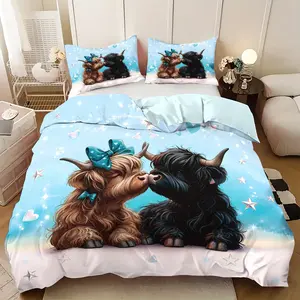 3-piece set (1 quilt cover + 2 pillowcases, coreless) with cute blue Highland cow, bow, heart, star element design printed quilt cover set, soft and comfortable bedding set, suitable for all room decoration, suitable as a fan gift, Soft Bedding Sets