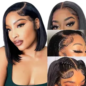 Bob Wig Human Hair 13X4 Lace Front Wigs Human hair Short Straight Frontal Bob Wig HD Transparent Lace Frontal wigs Pre Plucked for Women Glueless Wigs With Baby Hair Natural black 16Inch