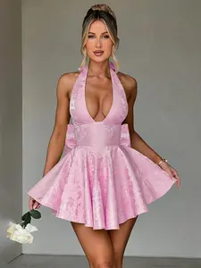 Elegant Sexy Cute Jacquard Halter Neck Butterfly Knot Dress, Slim-Fitting Summer Fashion, Thin Fabric, Perfect for Parties & Events