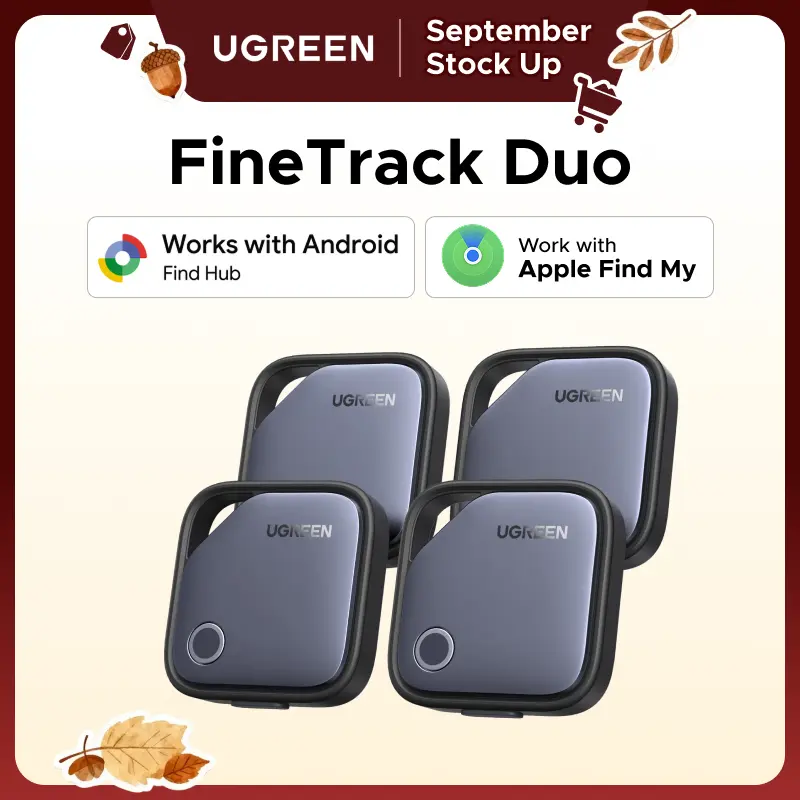 UGREEN Finder Duo (iOS and Android) Air Tracker Tags 4 Pack, 1-Year USB-C Rechargeable Battery Bluetooth Tracker Compatible with Apple Find My or Find Hub App, Item Finder Smart Tag for Key Luggage