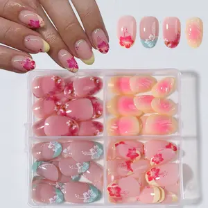 96pcs Short Oval False Nails, Acrylic Fake Nails, Multicolor Floral French Style Nail Art Design, Y2K Acrylic Press-On Nails, Reusable for Women and Girls