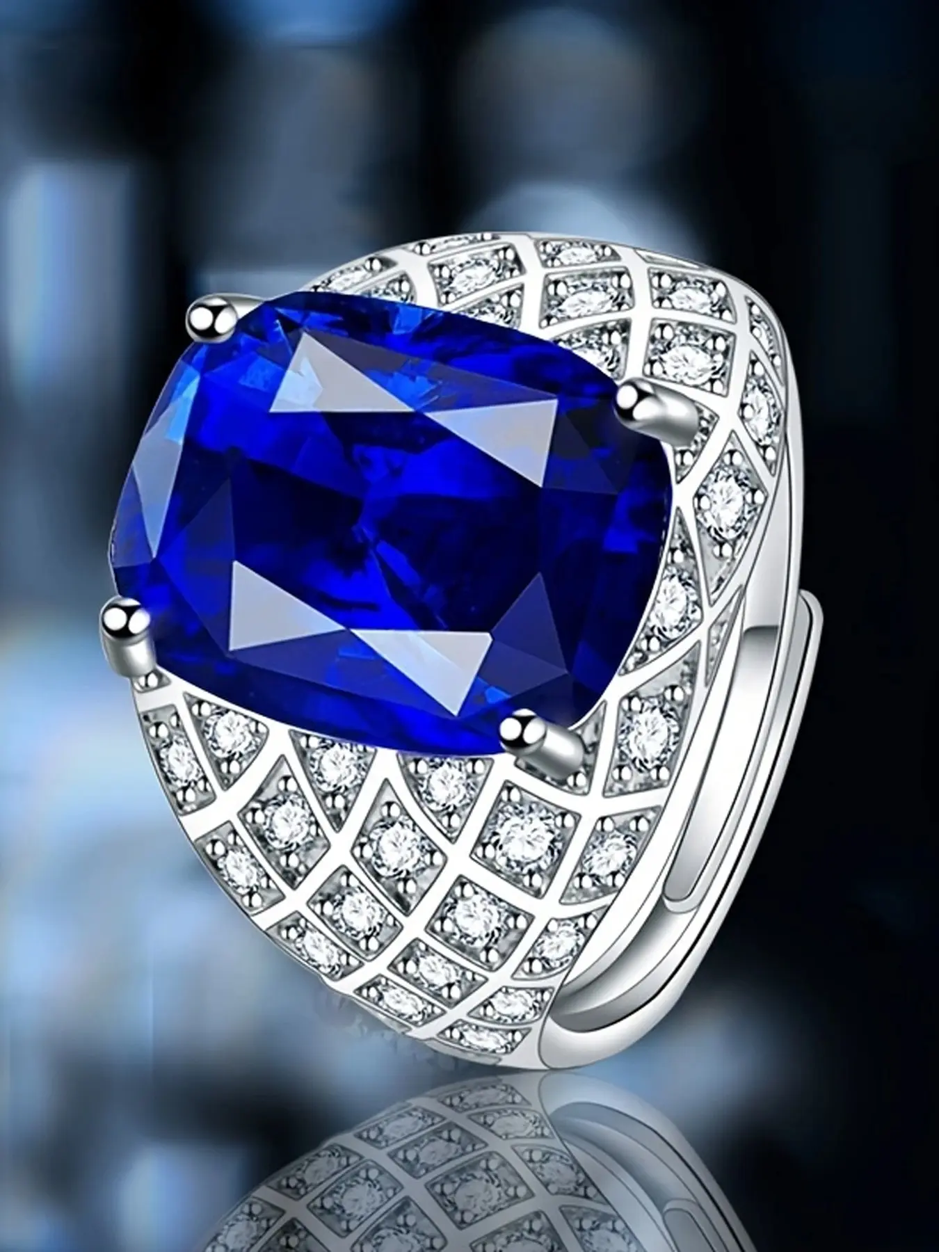 Luxurious Blue Sapphire Ring for Men, Full Diamond-Set Blue Band, Simple Fashion Vintage Jewelry, Unique Rings, Beautiful Rings, Wedding Engagement Gift