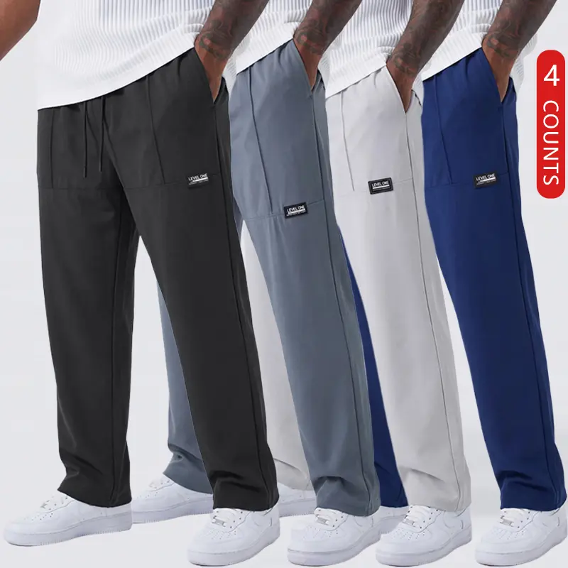 Men’s casual long pants, 4-pack, drawstring waist, pockets included, versatile minimalist design, comfortable and easy to wear, suitable for everyday life, work, travel, running, leisure, and fitness, delivering a comfortable experience.