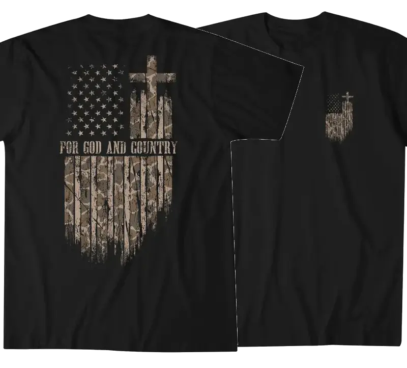 FOR GOD AND COUNTRY T-Shirt – Christian Patriotic Tee Featuring Left Chest Flag Cross Logo & Camo American Flag Cross Back Graphic, Distressed Military Style Design Novelty Gift for Patriots & Believers, Menswear Medium Men's