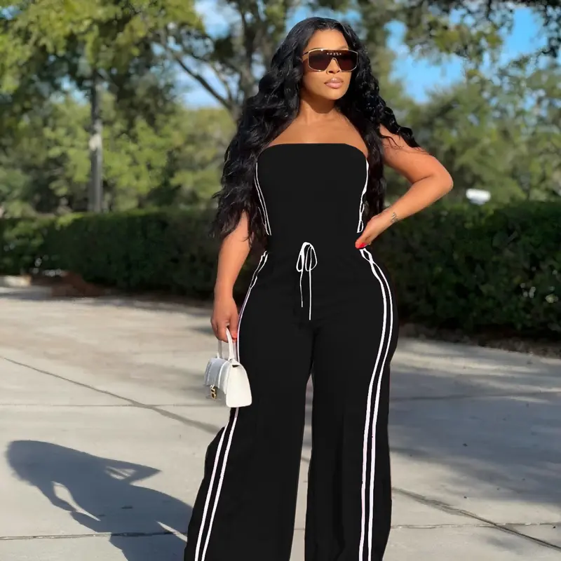 Women's Sexy Fashion Top & Wide Leg Pants Set Striped Patchwork Design, Casual Sporty Style, Perfect for Daily Wear, Womenswear Fit