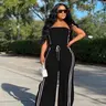 Women's Sexy Fashion Top & Wide Leg Pants Set Striped Patchwork Design, Casual Sporty Style, Perfect for Daily Wear, Womenswear Fit