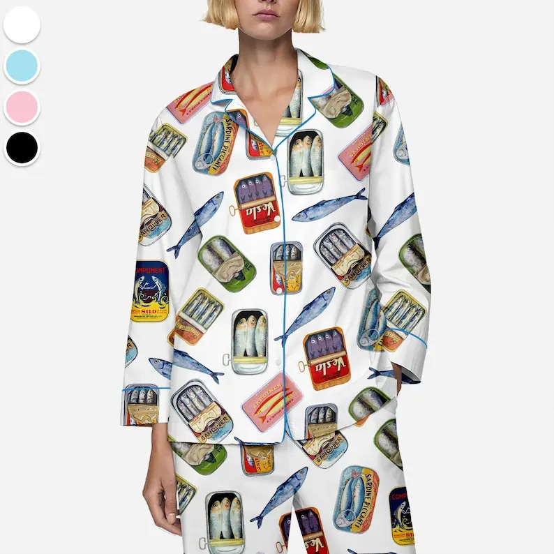 Unwind Studio Retro Sardine Pajama Set for Women Canned Fish Print Satin Sleepwear Funny Foodie Vintage PJs 100% Polyester Herringbone Satin Loungewear Smooth