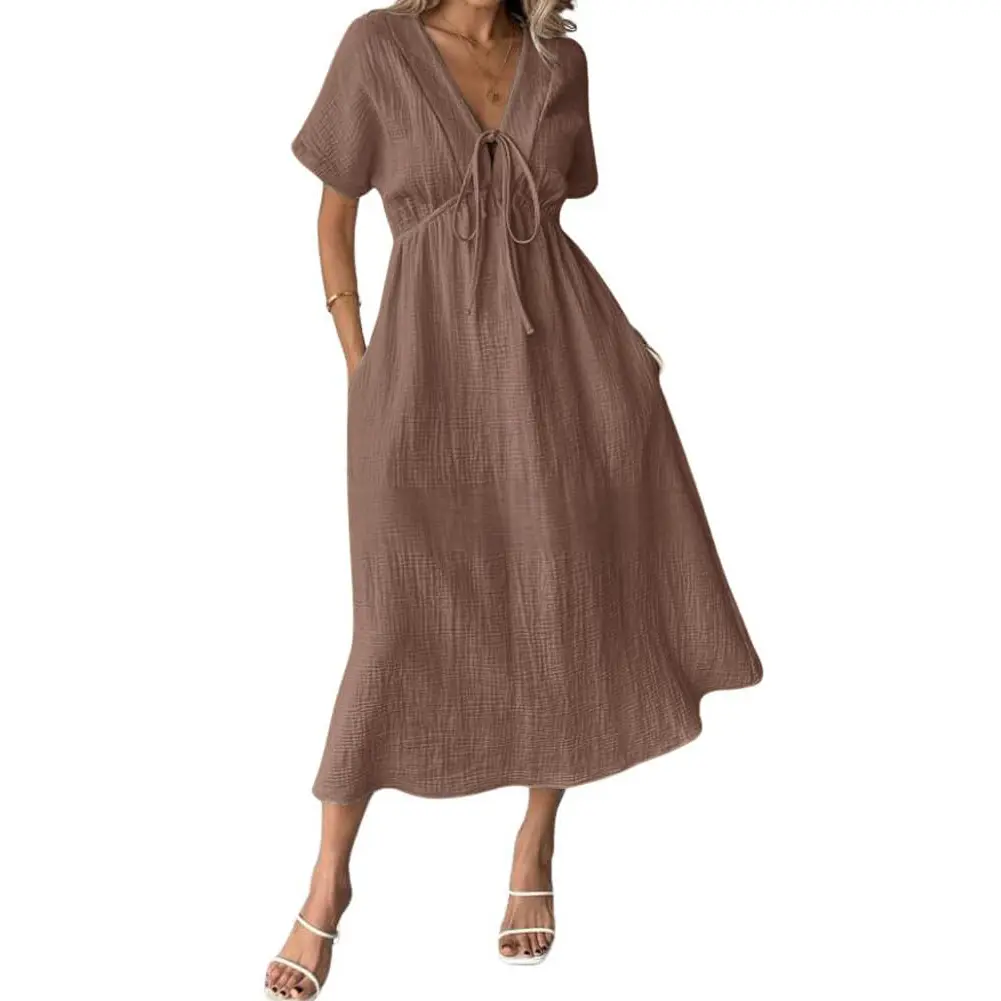 Chouyatou Women's Summer Solid Color V-Neck Cotton Dress Bohemian Style Casual Loose Short-Sleeve Drawstring Beach Dress with Pockets Chouyatou Women's Summer Solid Color V-Neck Cotton Dress Bohemian Style Casual Loose Short-Sleeve Drawstring Beach Dress with Pockets