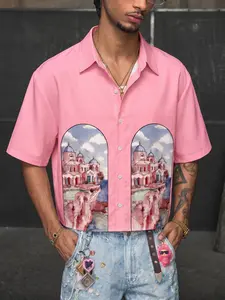Men’s Pink Santorini Watercolor Print Cuban Collar Shirt, Oversized Streetwear Short Sleeve Button-Up with scenic Greek island graphic, soft pastel tone, perfect for casual outings, vacation looks, and everyday streetwear with a dreamy, romantic vibe.