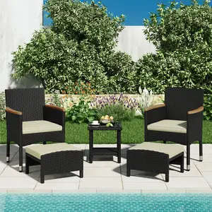 Costoffs 5-Piece Outdoor Rattan Lounge Patio Furniture Set - 2 Chairs, 2 Ottomans, Tempered Glass Coffee Table with Lower Storage Shelf, Ideal for Small Outdoor Spaces, Patio Furniture Sets, Outdoor Patio Furniture,summervibes