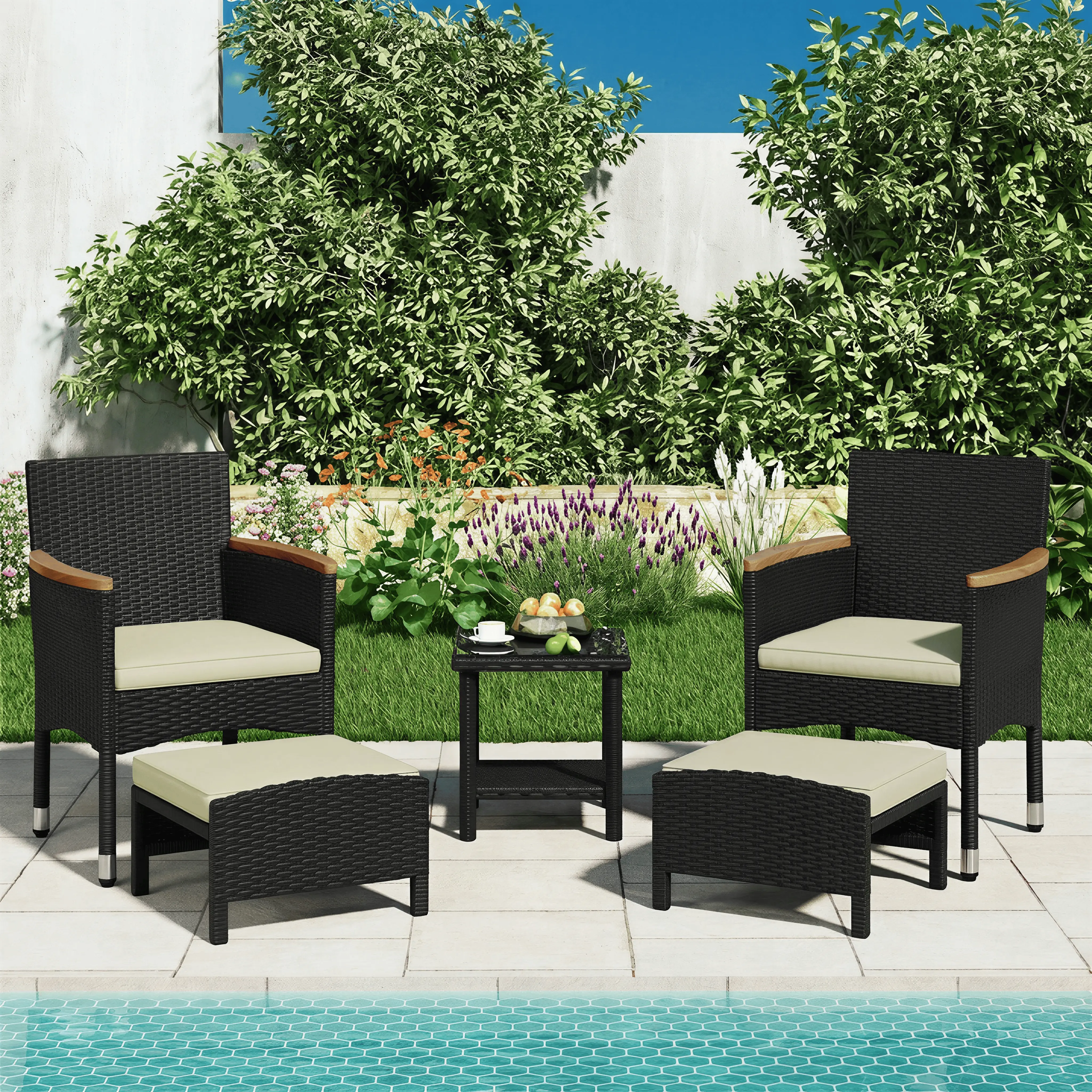 Costoffs 5-Piece Outdoor Rattan Lounge Patio Furniture Set - 2 Chairs, 2 Ottomans, Tempered Glass Coffee Table with Lower Storage Shelf, Ideal for Small Outdoor Spaces, Patio Furniture Sets, Outdoor Patio Furniture,home decor,camping essentials
