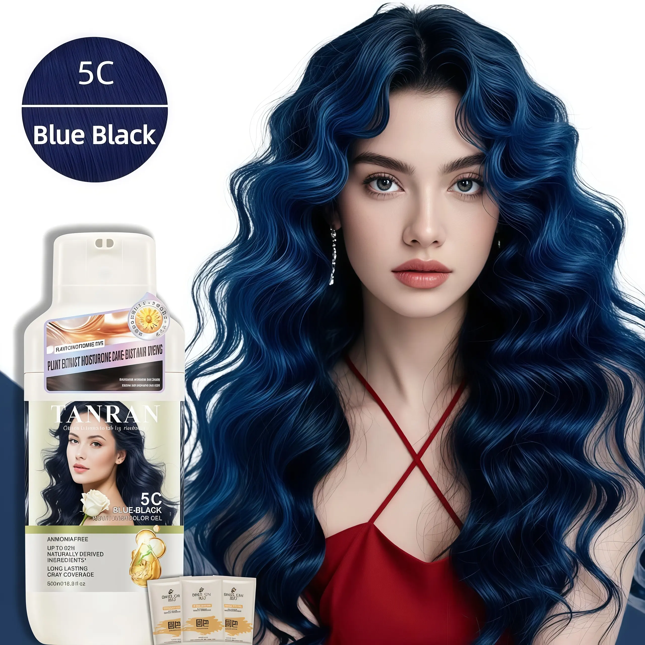 Blue Black Hair Dye Shampoo with Conditioner - 500ml Ammonia-Free Gentle Haircare Formula (Ginger, Noni Fruit, Olive Oil, Mushrooms) - 10-Min Quick No Bleach Color, 100% Gray Coverage, Long-Lasting for Adults
