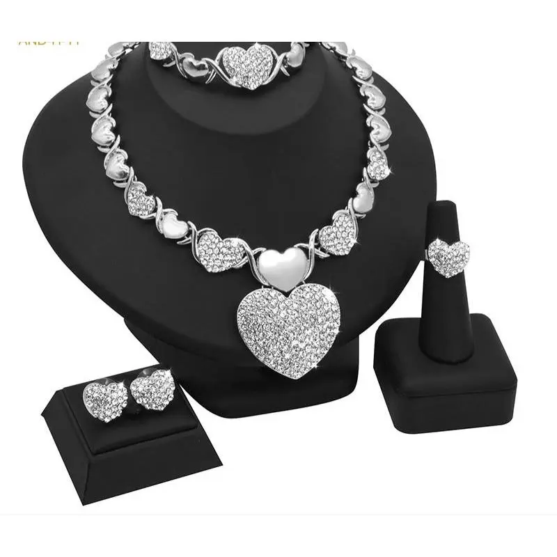 Elegant Heart-Shaped Moissanite Wedding Jewelry Set - Silver-Tone Gold-Plated HUGS & KISSES xo Matching Set, Adults Gifts #152, Moissanite Wedding Set