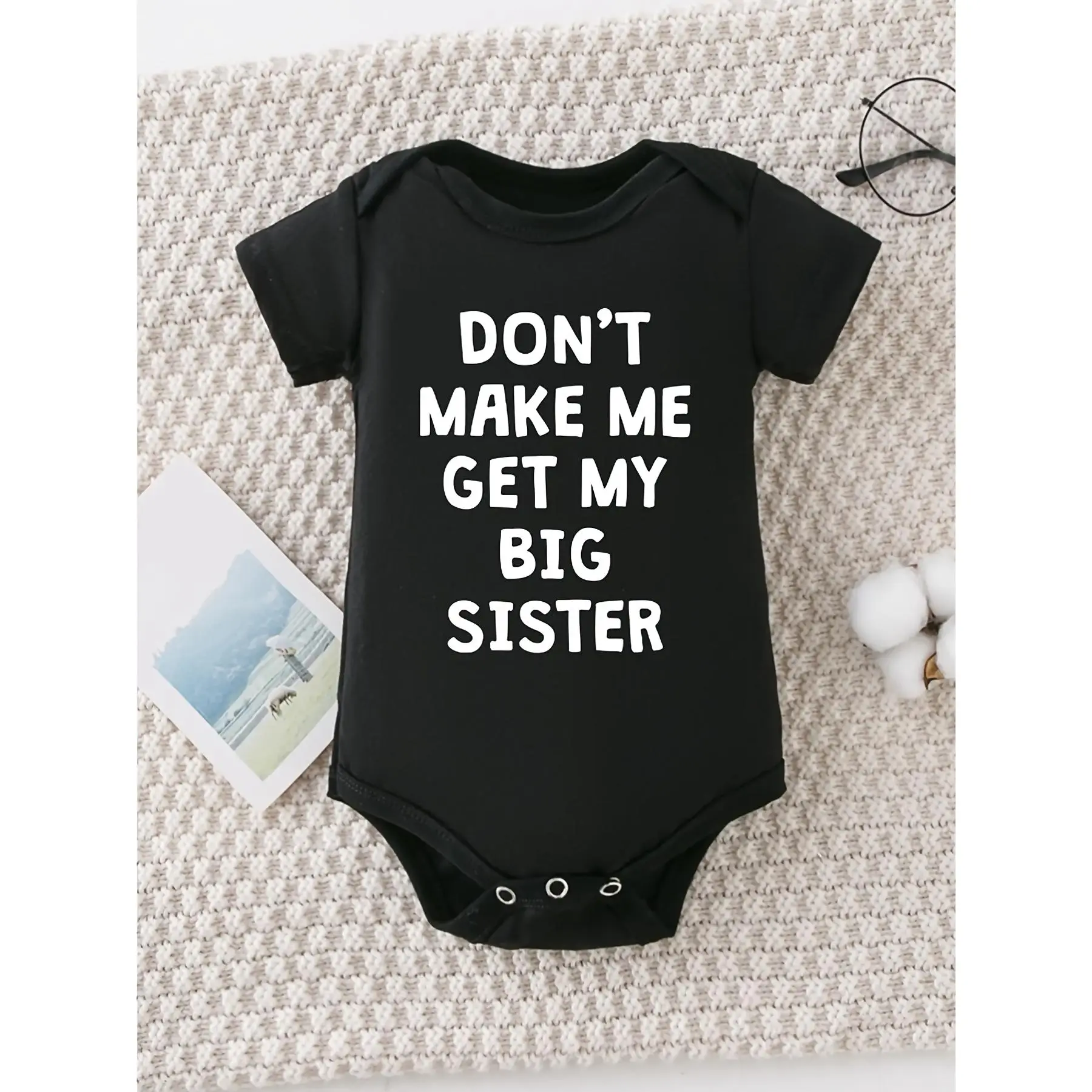 DON'T MAKE ME GET MY BIG SISTER print Casual Comfortable Short Sleeve Baby Romper Funny Newborn Boys Clothes 100% Cotton Triangle Jumpsuit, for Outdoo
