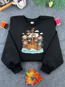 Cute Chibi Pirate Crew Sweatshirt – 7 Character Cartoon Print, Cozy Unisex Streetwear