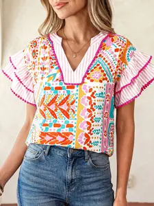 Women's Rose Boho Mixed Print Contrast Trim Striped Patchwork Tiered Short Sleeve Blouse, Flattering V-Neck Flutter Sleeve Summer Top, Lightweight Breathable Casual Tunic for Beach Vacation, Trendy Bohemian Chic Loose Fit Shirt outdoorfun