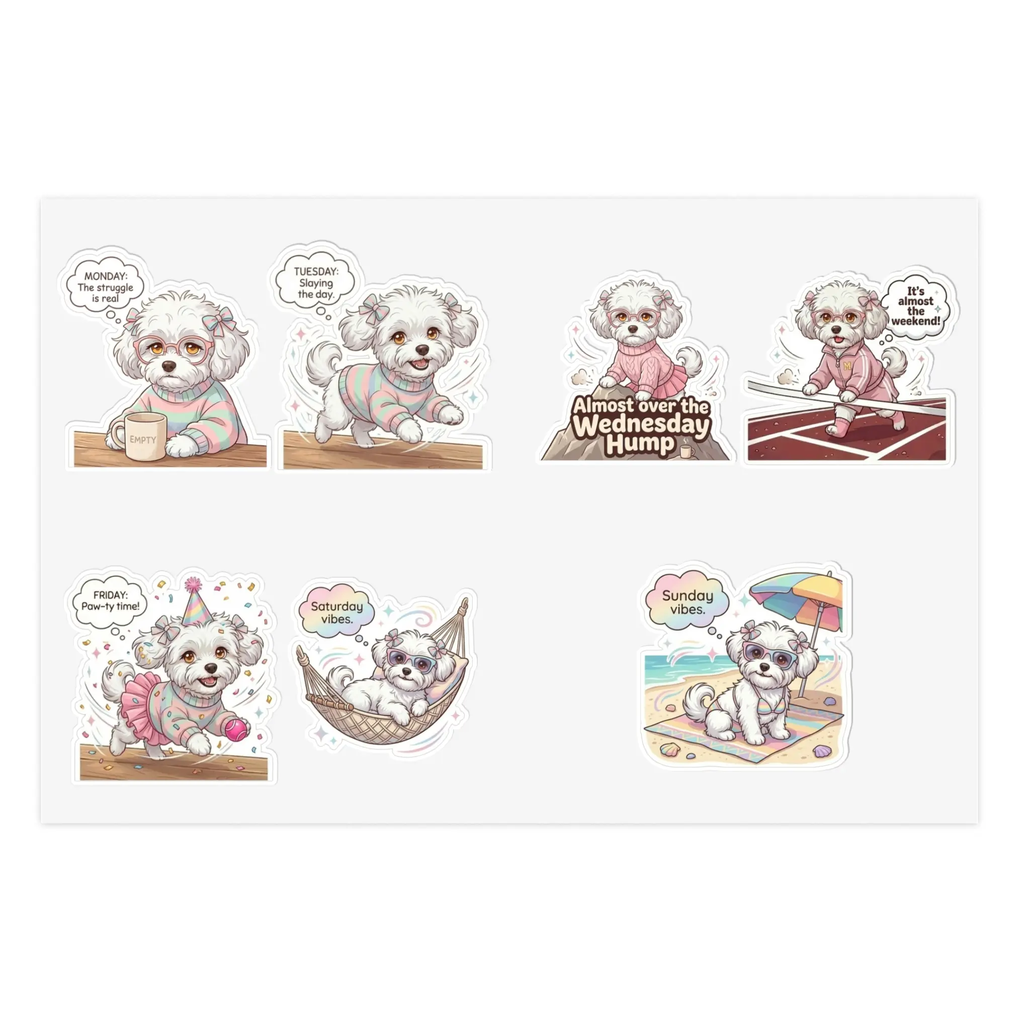 VAWT Merch Cute Preppy White Maltipoo Adhesive Stickers Sheet, Weekly Mood Scrapbooking Stickers for DIY Projects, Adhesive Stickers Stickers