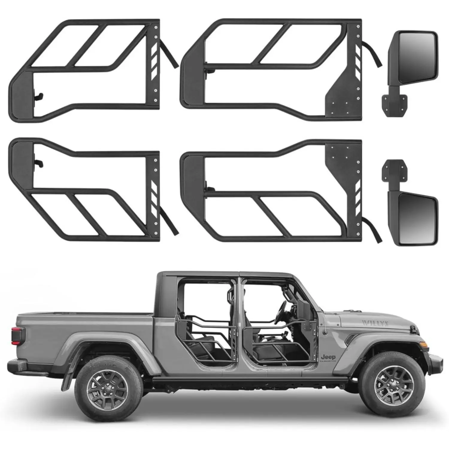 Tube Doors with Side View Mirror for 2018-2024 Jeep Wrangler JL JLU & Gladiator JT 4-Doors (Includes 4XE) 4-piece set Off Road Summer Trail Adventure