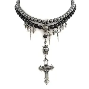 Women's Gothic Punk Short Multi-Layer Beaded Choker Necklace - Metal Chain Link Dark Costume Jewelry with Intricate Cross Motif, Female Chain Link Necklaces