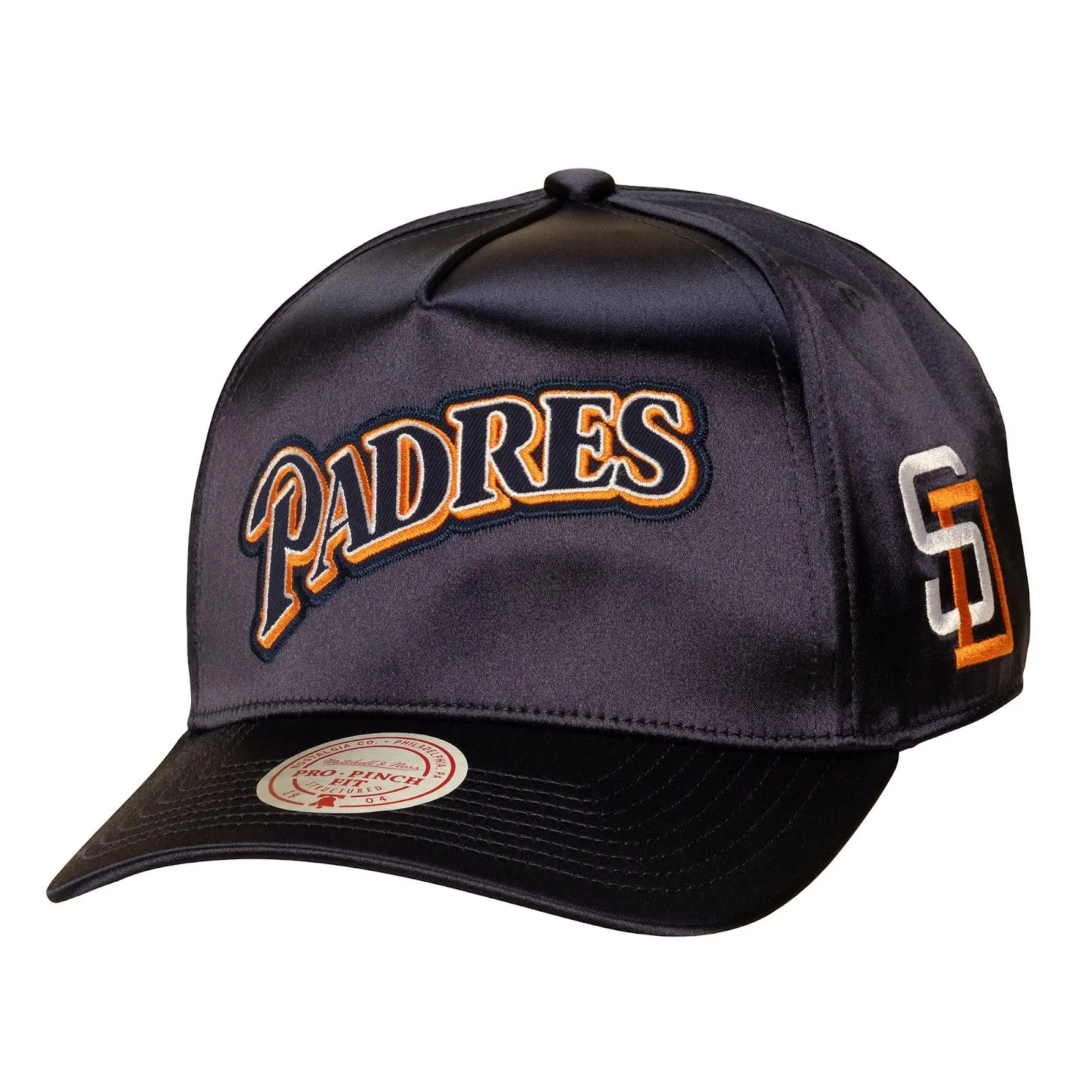 San Diego Padres Navy Cooperstown Zig Zag Satin Pro Pinch Snapback Hat MLB Throwback Cap Adjustable Fan Gear Mitchell & Ness