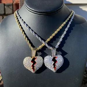 Broken Heart Pendant Iced Hip Hop, 24” Twisted Rope Chain Luxury Fashion Jewelry Set