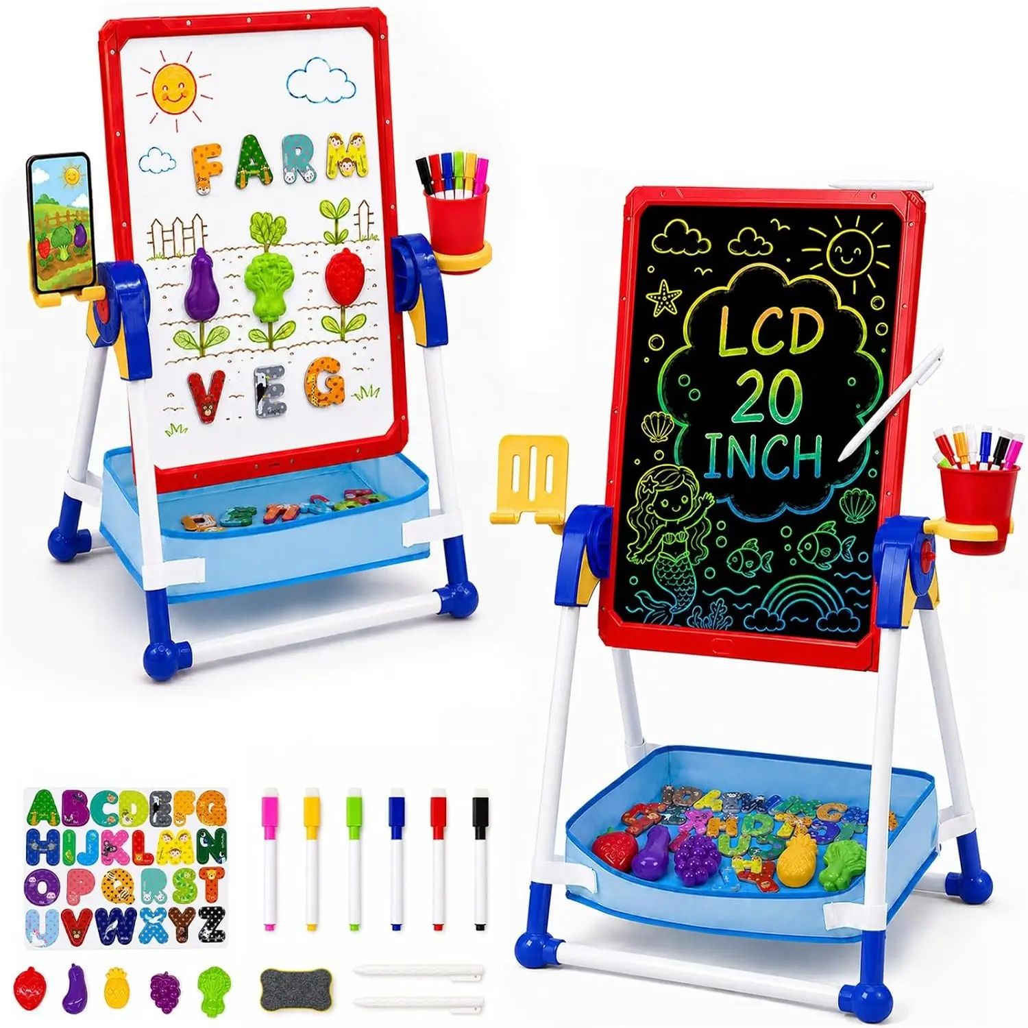 Kids Art Easel for Painting, 20" Double Sided LCD Writing Tablet & Magnetic Whiteboard for Toddlers, Adjustable Standing Drawing Board, Educational Toy Gift for Boys Girls Ages 3-6