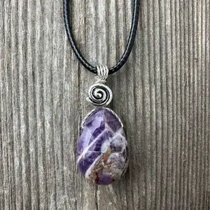Chevron Amethyst Crystal Necklace for Wisdom and Awareness. Swirl to Signify Consciousness.