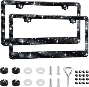 2 Pack Bling, Rhinestone, Black, License Plate Frame, Rustproof Car Tag Holder with Screws, Fits Standard US Cars Trucks