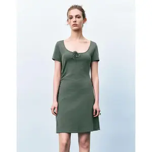URBAN REVIVO Women's 2026 Minimalist Cotton Short-Sleeve Crew Neck Rope Tie-Front Skinny Fit A-Line Dress - Breathable Body-Friendly, Classy Casual, Easy Casual A-Shaped Dress, Shortsleeve