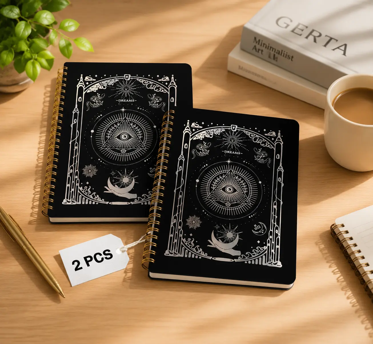 Women's 2-PCS Black Hardcover Spiral Dream Journals, Moon & Sun Aesthetic Design, Notebooks for School, Office Supplies, Thoughtful Gifts for Girls