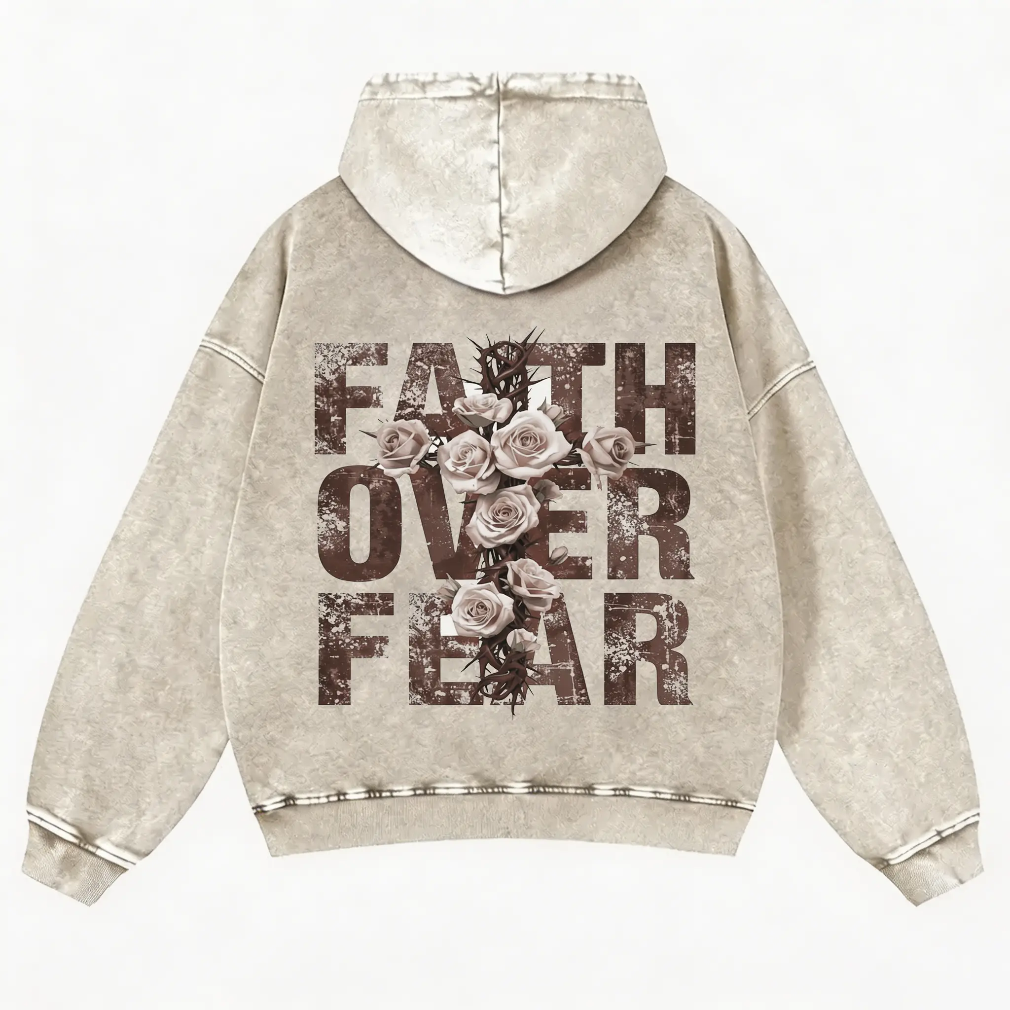 Grunge vintage washed gray unisex hoodie, "Faith Over Fear" slogan, black thorn rose cross back print, urban streetwear loose, comfortable pullover Casual Jeans