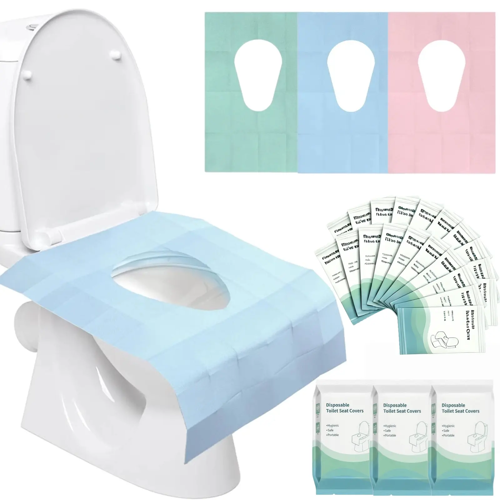 Disposable Toilet Seat Cover Set, Bathroom Accessory, 10/20/30/50 Pcs Rectangle 16 x 24 Inches Extra Large Waterproof PE, Individually Wrapped, Elongated Toilet Fit, Folded for Travel Portable Supplies (Blue, For Boys and Girls)