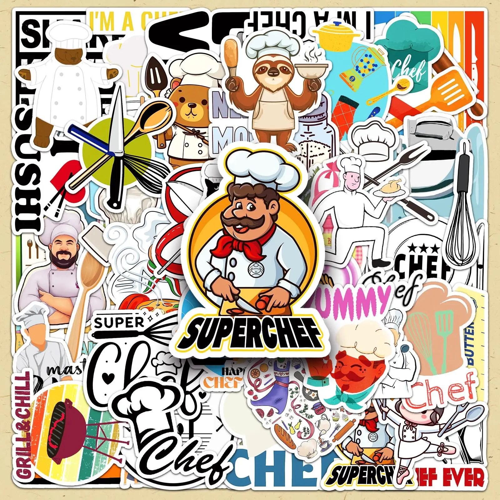 Chef Themed Sticker, 100pcs/set Creative Chef Pattern Decorative Sticker, DIY Decals for Scrapbooking, Journaling, Gift Wrapping