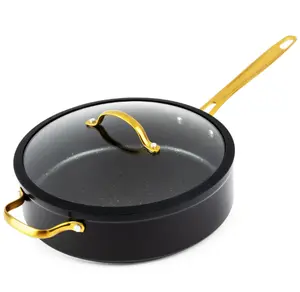 Non-Stick 5 QT Signature Saute Pan with Glass Lid, Black & Gold - Cookware Oil Stylish