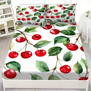 3pcs Charming Cherry Branch Design Fitted Sheet Set, Bedding Set Includes One Fitted Sheet and Two Pillowcases, Pillow Inserts Not Included, Wrinkle Resistant, Fade Resistant, and Machine Washable, A Lightweight All Season Choice for Homes