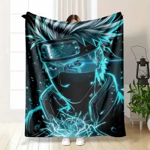 Naruto Kakashi Hatake Flannel Blanket Neon Ninja Style Electric Blue Warrior Sharingan Print Soft Warm Cozy Lightweight Throw Ideal for Sofa Bedroom Office Travel Gift Decor Use