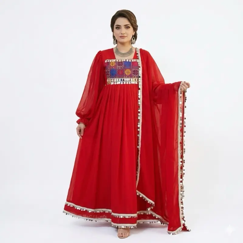 The Glamour Team Afghani Barosha Style Kurta with Duppatta Casual Womenswear Red Embroidered Top and Skirt Set