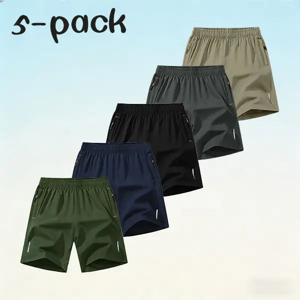 Men’s Ice Silk Quick-Dry Sports Shorts, 5-Pack — Black + Navy Blue + Dark Gray + Khaki + Army Green Activewear Workout Clothes Tennis Football Kits