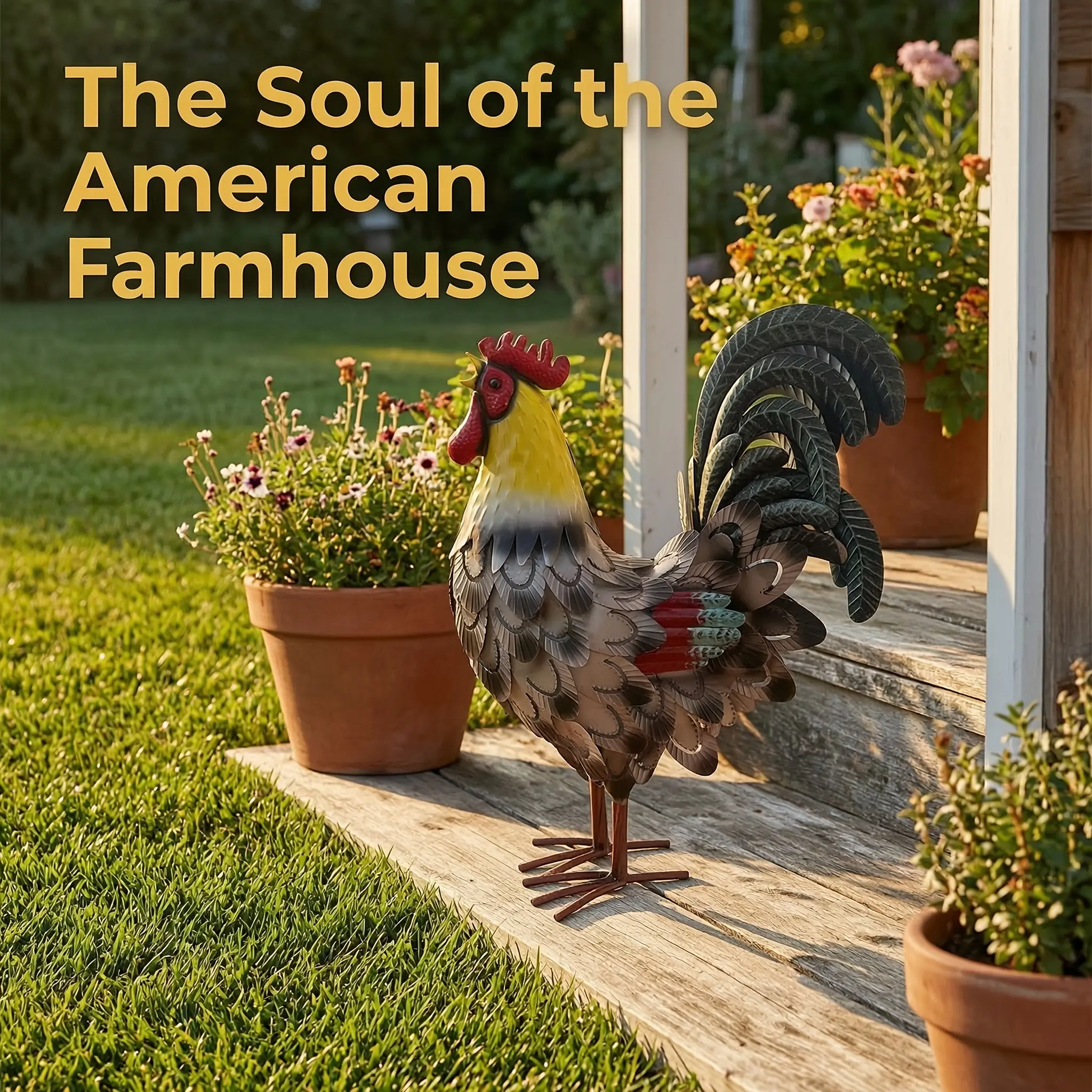 15.75 In Tall Metal Rooster Statue - Rustic Iron Decorative Farmhouse Art, Outdoor Garden Indoor Living Room Accent, Housewarming Gift