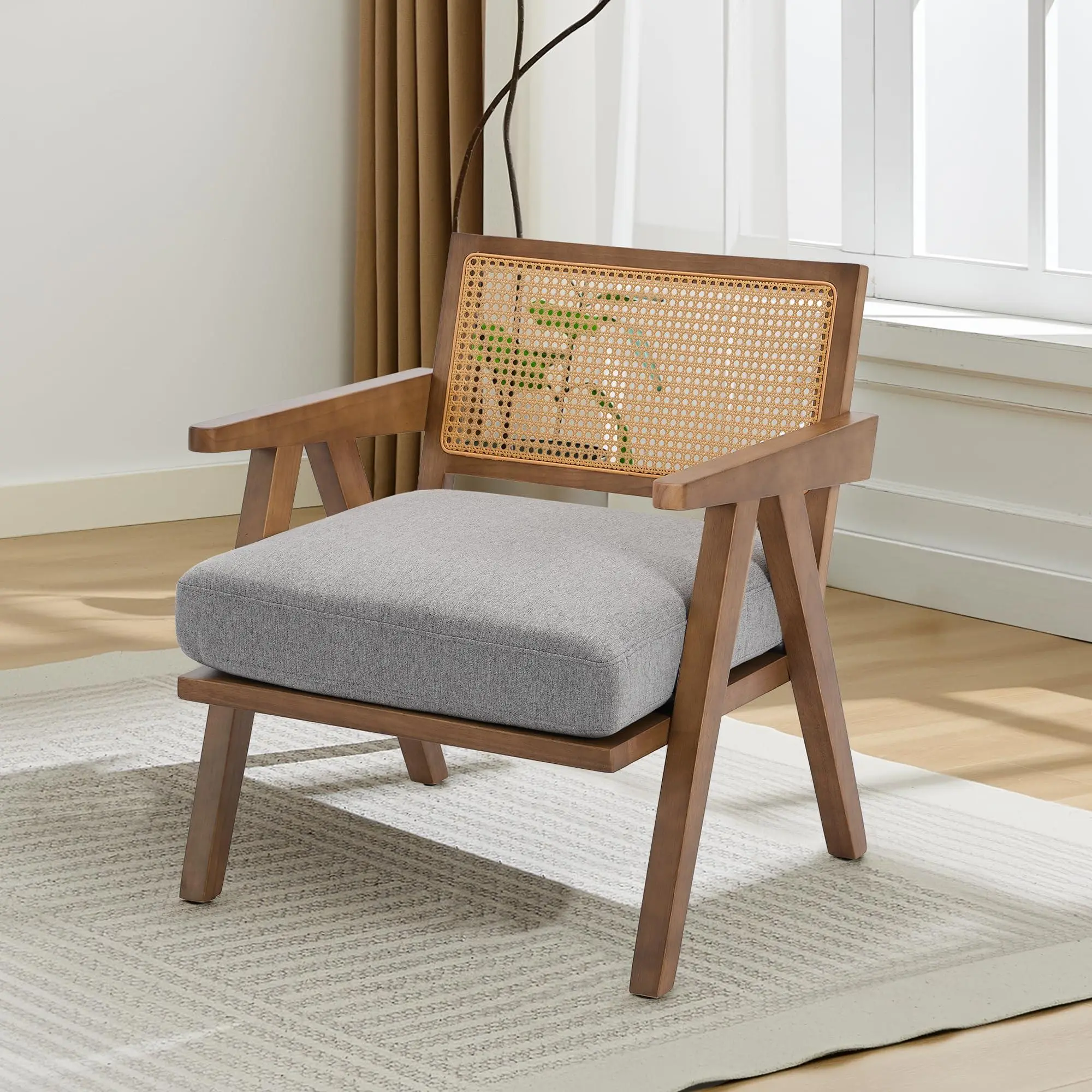 GARVEE Mid-Century Farmhouse Wood Frame Accent Chair - Wood Armchair with Rattan Backrest, Linen Cushion for Living Room, Bedroom - Gray, Easy Assembly