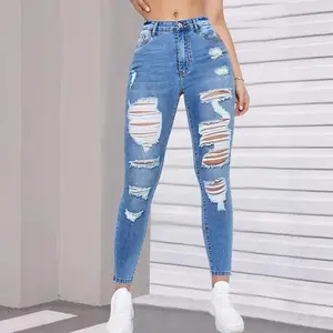 New trendy high-waisted distressed stretch tight-fitting versatile short pants in denim, women's fashionable pants, women's jeans