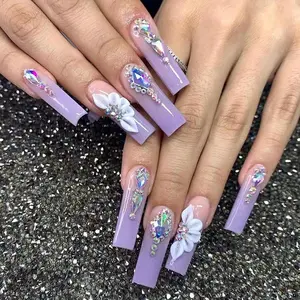 Long Square Fake Nail, 24pcs/set Glitter Rhinestones Floral Rhinestone Decor Fake Nail with Nail File & Tape, Removable Nail Art Artificial Full Cover, Women Girls Diy Manicure, Nail Charms