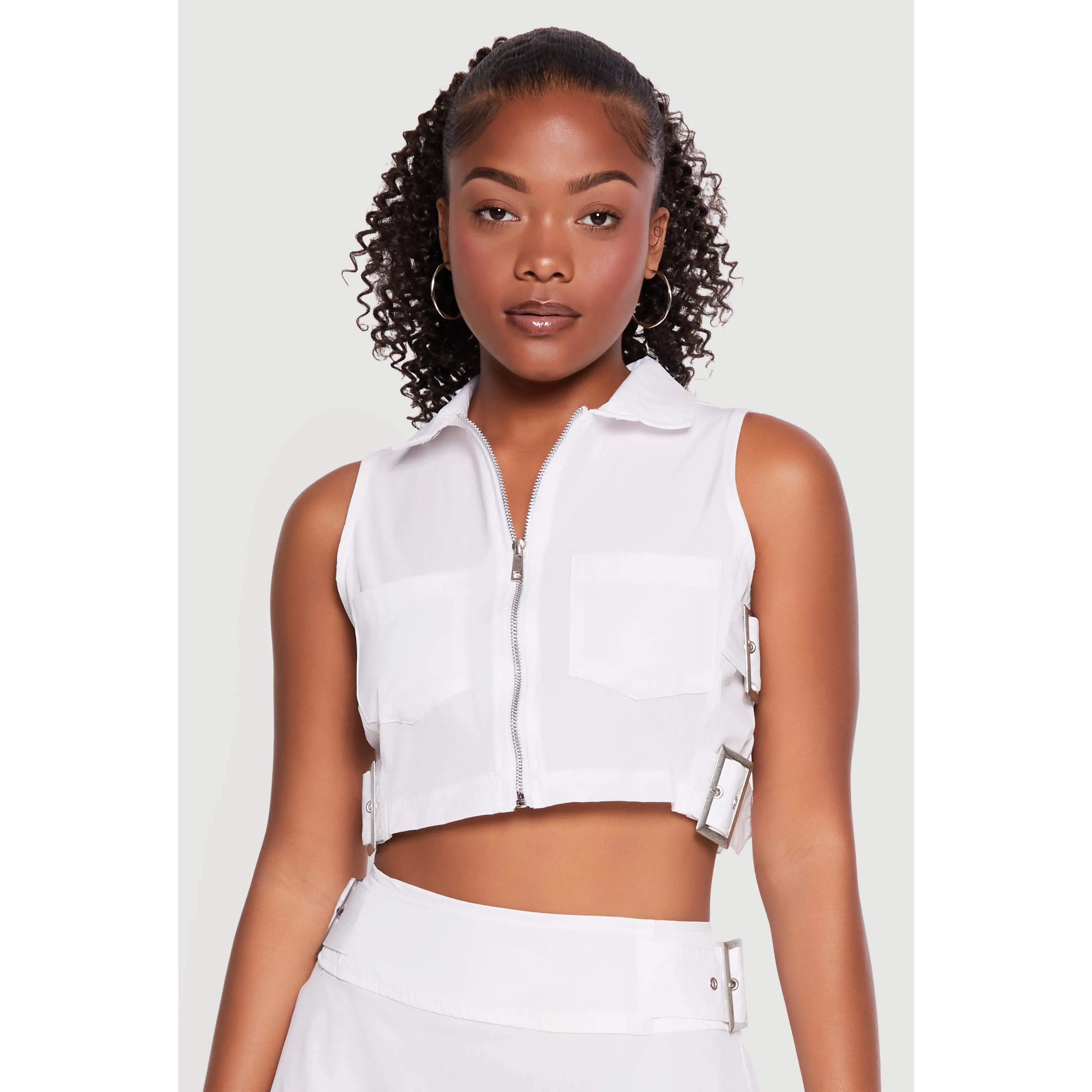 Buckle Detail Zip Front Cropped Cargo Vest