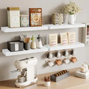 15.8in Floating Shelves, Rustic Wood Finish Wall Shelves Set of 4, Shelves for Wall Decor, with Invisible Brackets for Bathroom, Living Room,Bedroom and Kitchen(White)
