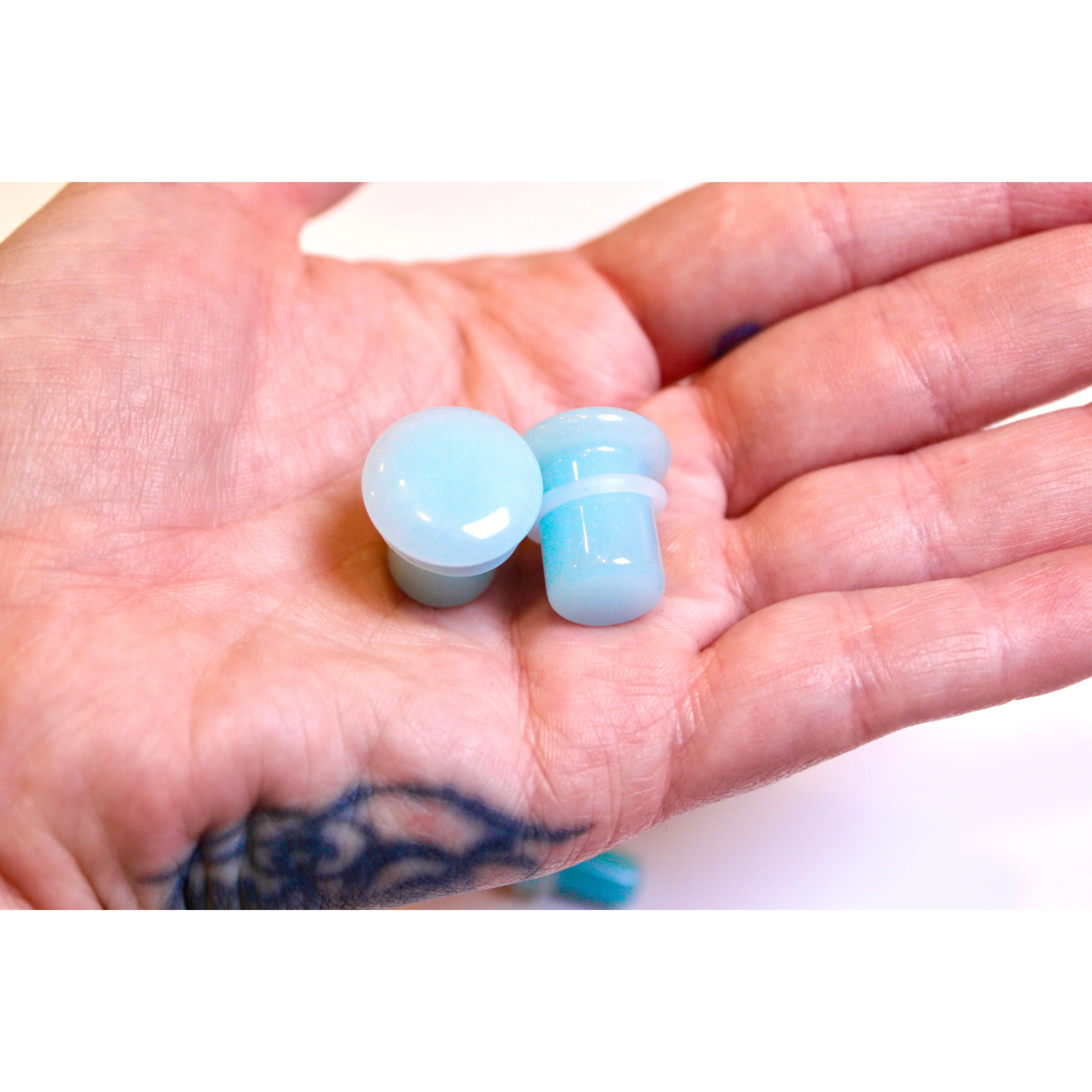 Bright Blue Glow-in-the-Dark Glass Ear Gauges Plugs, Single Flare Body Jewelry with O-Rings, Sold as a Pair (3mm-16mm) Ear Accessories