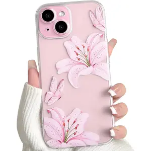 Compatible with iPhone 15 Case Clear Cute Butterfly Lily Flower Floral Pattern for Women Girls Full Camera Lens Clear Slim Shockproof Protective Phone Cover - Pink Military Grade Rotating MagSafe Monkey foldable Hunting Camouflage Tough Wireless Charging