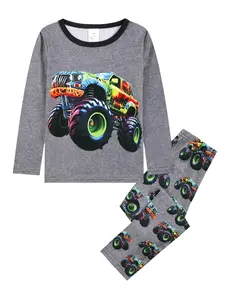 Kids' Digital Print Long Sleeve Top & Pants Set, Casual Loose Fit Home Wear, All Seasons Comfortable Sleepwear Pajamas, Playful Fun Truck Car Cartoon Design